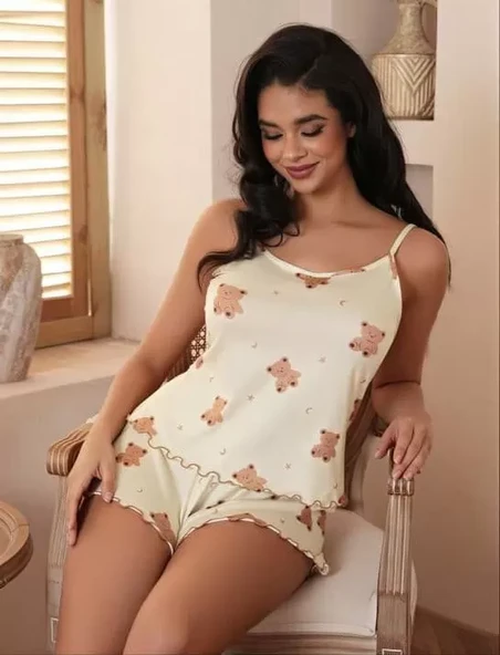 Ayıcık Desenli Askılı Şortlu Pijama Takımı - Resim 2