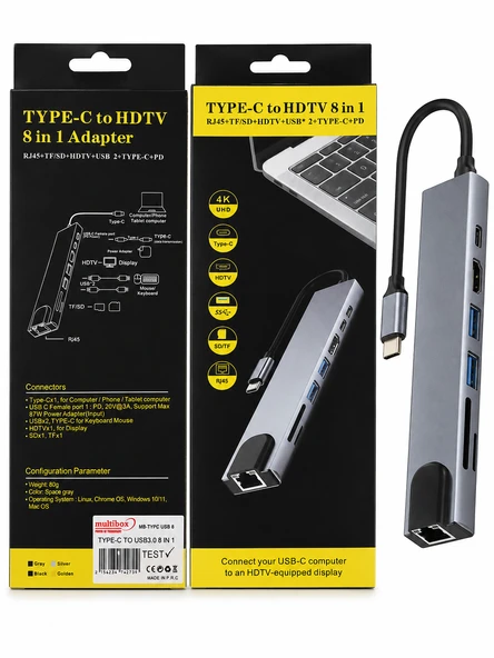 MULTIBOX TYPE-C to HDTV 8 in 1 Adaptör USB 3.0 HDMI RJ45 SD/TF PD Dönüştürücü Hub 4K ürün görseli 1