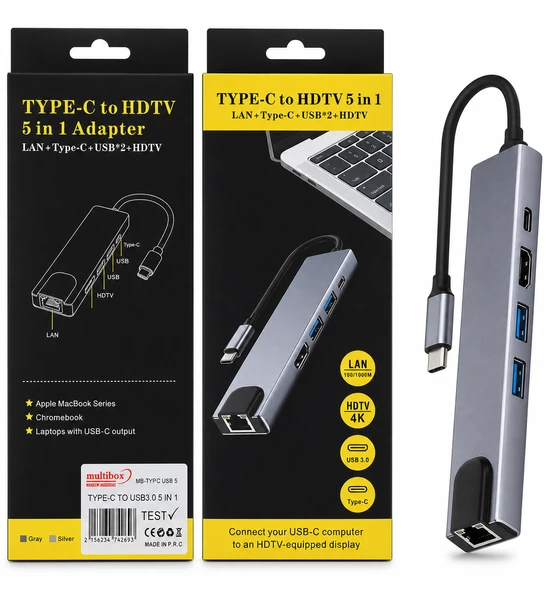 MULTIBOX TYPE-C to HDTV 5 in 1 Adaptör USB 3.0 HDMI LAN RJ45 Çevirici Hub 4K ürün görseli 1