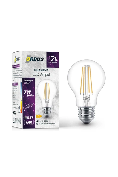4 ADET   Orbus DİM Edilir LED Filament Ampul A60 7 Watt 700lm E27 Sarı Işık ürün görseli 1