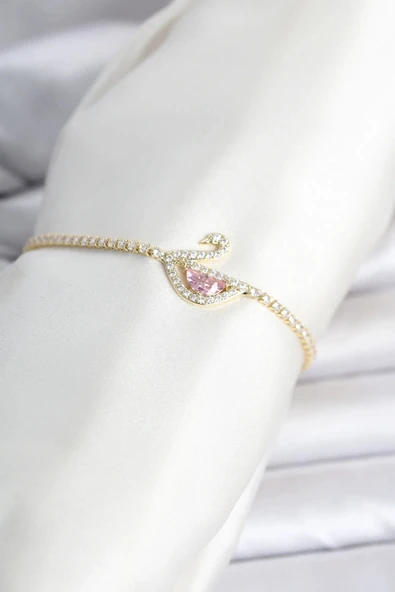 Pirinç Gold Renk Zirkon Taşlı Swan Model Su Yolu Kadın Bileklik ürün görseli 1