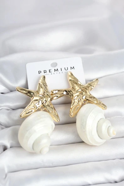 Doğal Deniz Kabuğu ve Gold Renk Yıldız Model Kadın Küpe ürün görseli 1