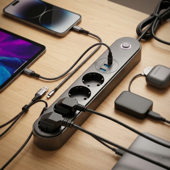 Periboia Termal Akım Korumalı 4 Prizli USB Girişli Uzatma Kablosu ürün görseli 1