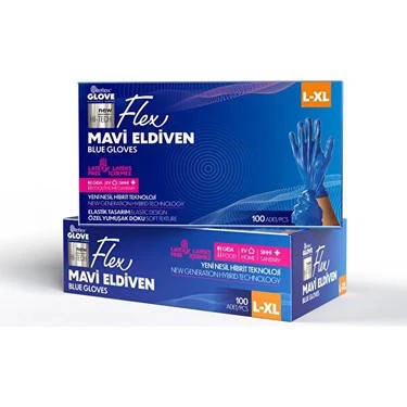 5 ADET Flex Pudrasız Eldiven L-Xl Boy 100'Lü Mavi ürün görseli 1