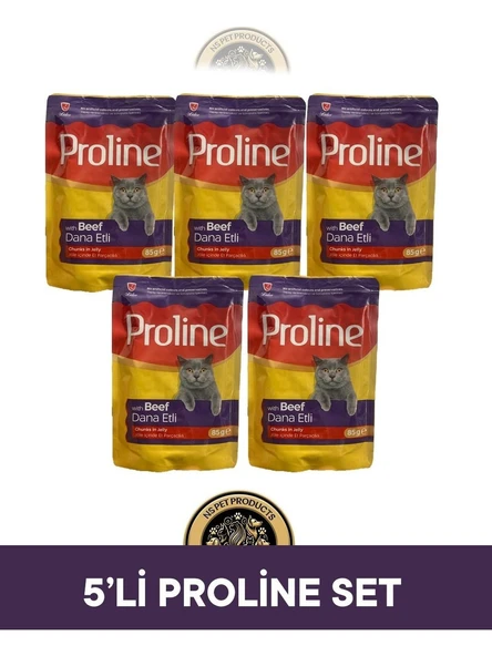 Proline Pouch Jelly Jöle İçinde Et Parçacıklı Dana Etli Yaş Kedi Maması Seti 5x85 gr ürün görseli 1