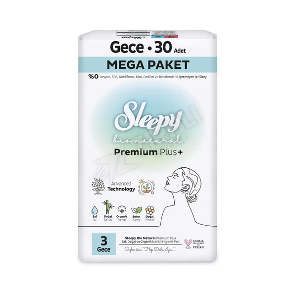 3 ADET Sleepy Bio Natural Mega Paket Gece Hijyenik Ped 30'lu ürün görseli 1