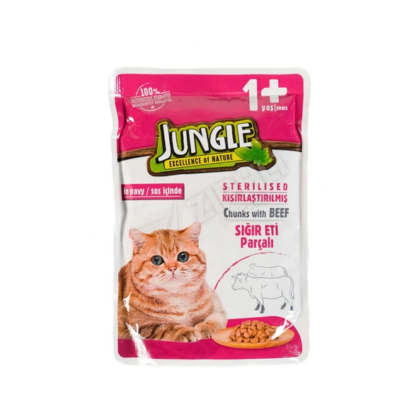 3 ADET Jungle Pouch Dana Eti Parçalı Kısır Kedi Maması 100 Gr ürün görseli 1