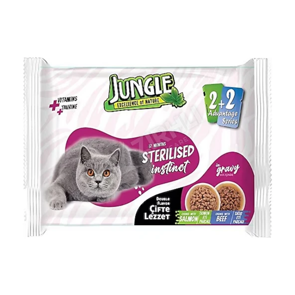 2 ADET Jungle Çift Lezzet Pouch Kısırlaştırılmış Kedi Maması Somon - Biftek 100 Gr ürün görseli 1