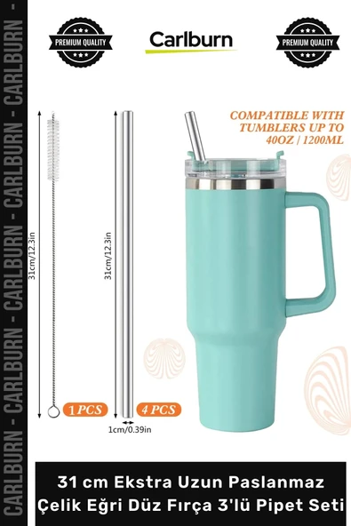 #PipetSeti Termos Bardak Ekolojik 31 cm Ekstra Uzun Paslanmaz Çelik Eğri Düz Fırça 3'lü Pipet Seti ürün görseli 1