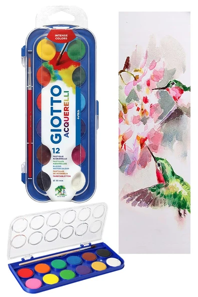 12 Renk Sulu Boya 23mm 1 Paket Giotto 12 li Suluboya Fırça Hediyeli Canlı Renkler Acquerelli Kaliteli Yıkanabilir ürün görseli 1