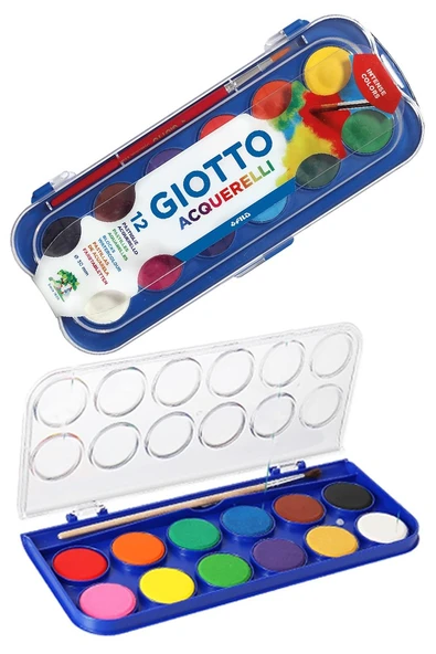 12 Renk Sulu Boya 23mm 1 Paket Giotto 12 li Suluboya Fırça Hediyeli Canlı Renkler Acquerelli Kaliteli Yıkanabilir ürün görseli 1