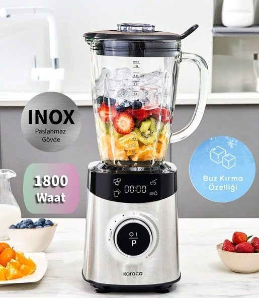 Karaca 1,8 litre CAM Hazneli 1800W Yüksek Güçlü Buz Kırma Özellikli Dijital Ekranlı Inox Smoothie Blender ürün görseli 1