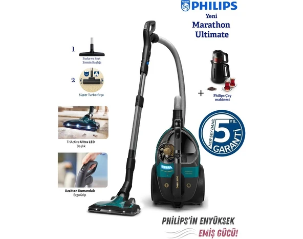 Philips XB9185 + Turbo Başlıklı Marathon Ultimate Toz Torbasız Süpürge– Hepa 13 Filtre, Powercyclone 10, Toz Bulutu Olmadan Hazne Boşaltma, Sessiz Güçlü Perfo ürün görseli 1