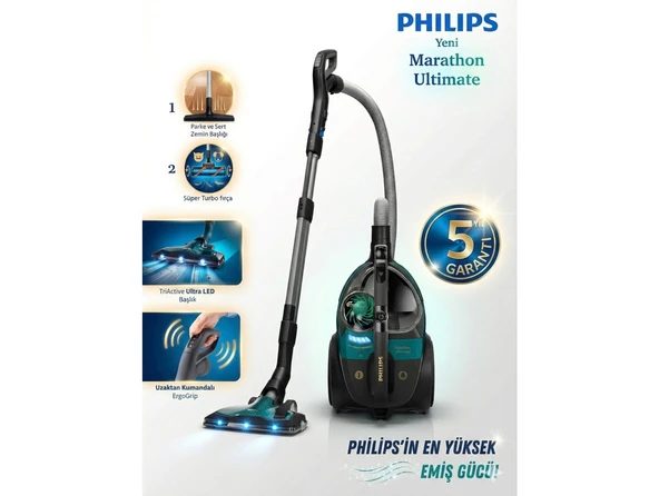Philips LED Başlık Kumandalı Otomatik Sensörlü Marathon Ultimate L Filtre Temizlik Uyarısı Veren Powercyclone 10 Teknolojili En Üst Segment Süpürge XB9185 ürün görseli 1