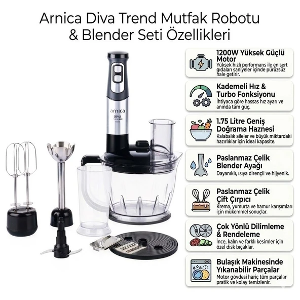 Arnica GH21801 Diva Trend Pro 1200W Rendeli Doğrayıcı Blender Seti 1.75L Geniş Hazne Paslanmaz Çelik Bıçak Gümüş ürün görseli 1