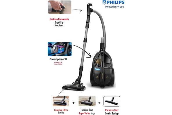 Philips Marathon Ultimate Toz Torbasız Elektrikli Süpürge | Sessiz Çalışma | Yüksek Emiş Gücü ve Hepa Filtre+ Turbo Halı Döver Başlık+ Mutfak Tartısı ürün görseli 1