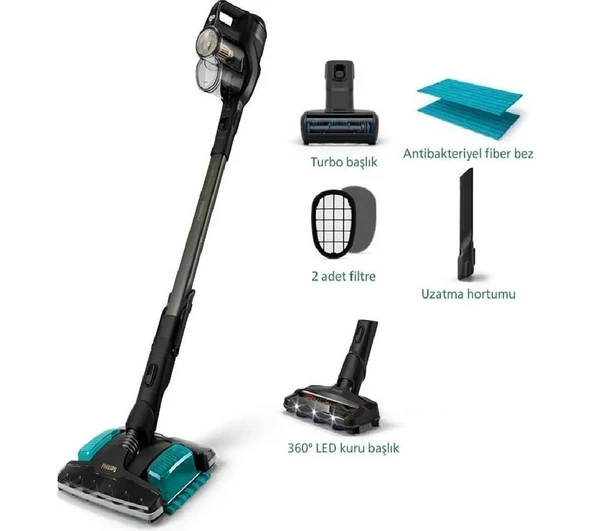 Philips 3'ü 1 arada Aqua Başlık, LED Başlık, Powerblade Dijital Motorlu Akıllı Ekran Islak-Kuru Kablosuz Dikey Süpürge + Lambader Hediye ürün görseli 1