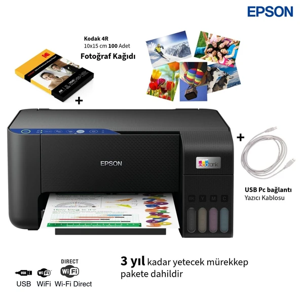 Epson Çok Fonksiyonlu Renkli Tanklı Wi-Fi Yazıcı USB Bağlantı Destekli Baskı Tarama Kopyalama Özellikli Enerji Tasarruflu Heat-Free Teknolojili Yazıcı ürün görseli 1