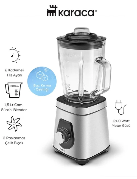 Karaca 1,5 Lt Cam Sürahi Blender 2 Kademeli Hız Ayarı 6 Paslanmaz Çelik Bıçak 1200W Paslanmaz Çelik Bıçaklı Geniş Hazneli Cam Smoothie Blender ürün görseli 1