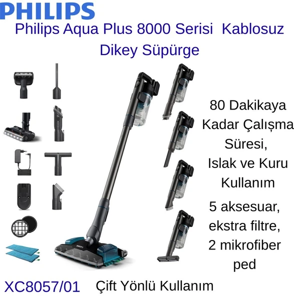 Philips Aqua Plus 8000 Serisi Kablosuz Dikey Süpürge + Aprilla Şarjlı Araç Süpürgesi Hediye ürün görseli 1