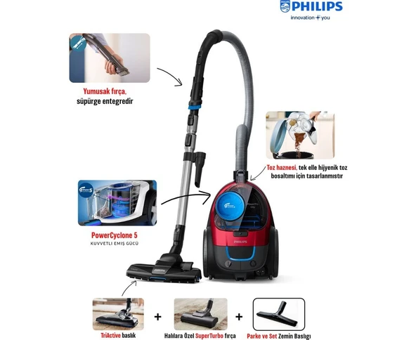 Philips powerpro Citytoz Torbasız Süpürge Alergy H13 Filtre,1.5l Kapasite, FC9331+TURBO Fırça+ Yedek Filitre Hediyeli ürün görseli 1
