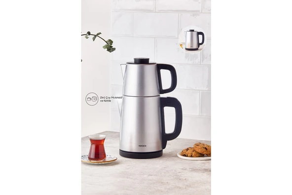 Karaca Tea Break Silver Inox Çelik Su Isıtıcı & Çay Makinesi + Luciole Lambader Hediye ürün görseli 1