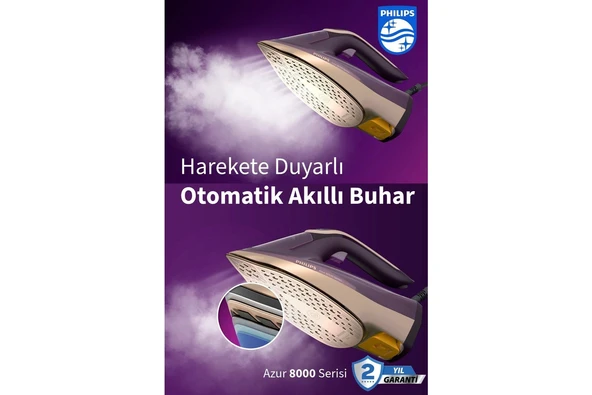 Philips 3000W Güç Akıllı Buhar Özelliğine Sahip 8000 Serisi Buharlı Ütü DST8040 Mor + Yün&hav Temizleme Makinesi ürün görseli 1
