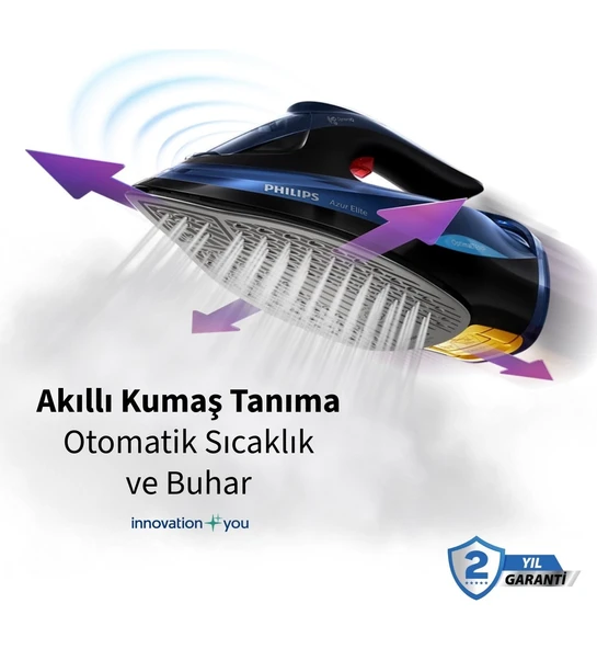 Philips Elite Optimaltemp Akıllı Kumaşa Göre Isı Ayarlayan Azur Elite 260G Şok Buhar 55G/DK Sürekli Buhar 3000W Güçlü Performans Steamglide Plus Taban Ütü ürün görseli 1