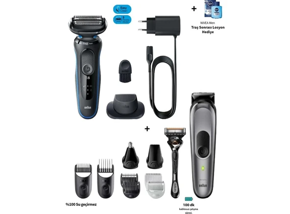 Braun Erkek Bakım Seti Saç,sakal ve Vücut+Braun Yeni Seri Kablosuz Tıraş Makinesi+Taşıma Çantası ürün görseli 1