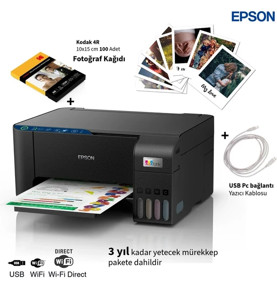 Epson Renkli Tanklı Yazıcı Baskı Tarama Fotokopi Wi-Fi Wi-Fi Direct USB Bağlantılı Mürekkep Püskürtmeli Çok Fonksiyonlu Ev ve Ofis Tipi Ekonomik Yazıcı ürün görseli 1