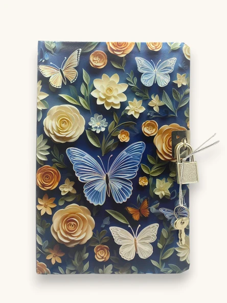 Lacivert Kelebek 3D Görünümlü Hatıra Defteri (Günlük) Kilitli Defter 80 yaprak ürün görseli 1