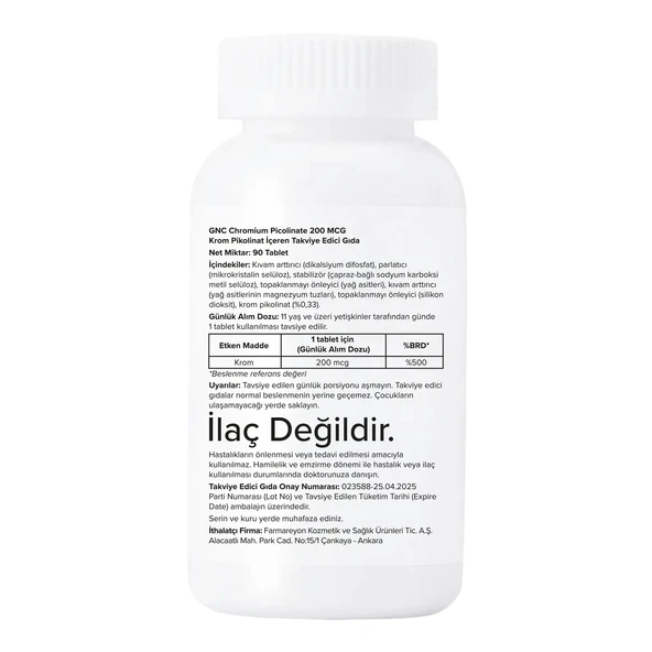 GNC Chromium Picolinate – 90 Tablet - Resim 2