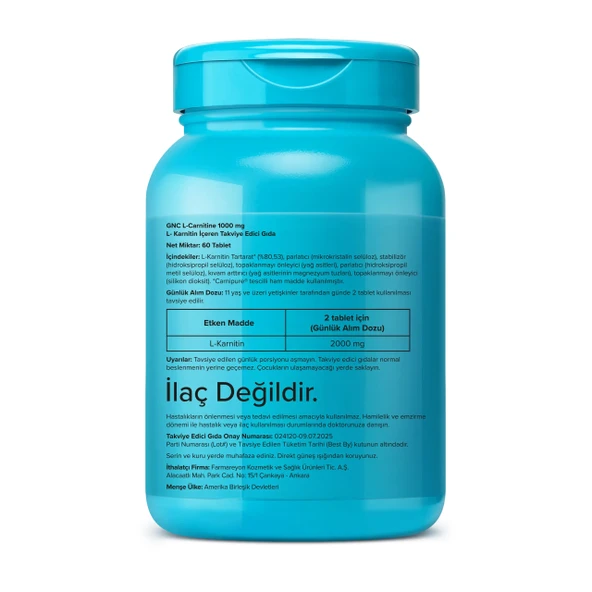GNC L-Carnitine 1000 mg – 60 Tablet - Resim 2