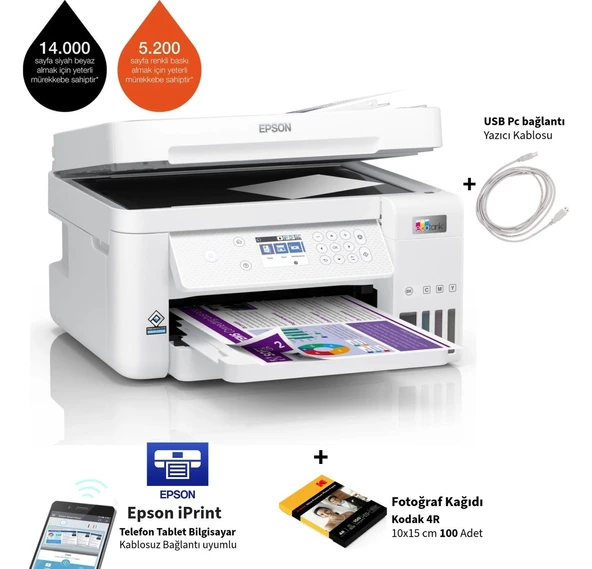 Epson Kablosuz Renkli Tanklı Yazıcı Dubleks Baskı ve Tarama Otomatik Belge Besleyici Wi-Fi Direct Ethernet Airprint Destekli Yüksek Hızlı Ekonomik Yazıcı ürün görseli 1