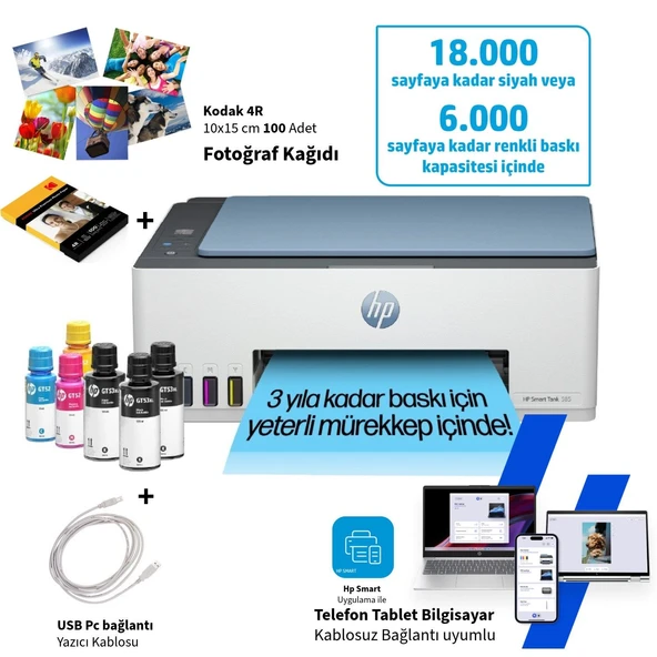 HP Çok Fonksiyonlu Kablosuz Renkli Tanklı Yazıcı Wi-Fi Direct USB Bağlantılı Akıllı Telefon Destekli Tarayıcı Fotokopi Özellikli Ev Ofis Tipi Yazıcı ürün görseli 1