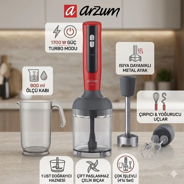 Arzum AR1092 Mano 1700W El Blender Seti Paslanmaz Çelik Bıçak 3 Hız Kademeli Doğrayıcı Çırpıcı 3 Yıl Garanti ürün görseli 1