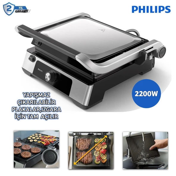 Philips 5000 Serisi, 2200 W, Çıkarılabilir Plaka, Izgara İçin Tam Açılır 180 Derece Açılır Izgara, Isı Ayarlı Tost Makinesi + Onerous Tartı ürün görseli 1