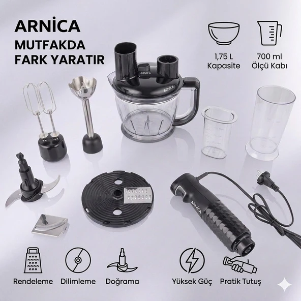 Arnica Diamond GH21481 1200W Rendeli Blender Seti 1.75L Doğrayıcı Hazne Çırpıcı Rendeleme Diski Çift Kademeli Turbo Siyah ürün görseli 1