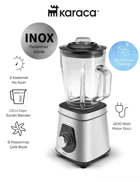 Karaca 1,5 Lt Cam Sürahi Blender 2 Hız Ayarı 6 Paslanmaz Çelik Bıçak 1200W Paslanmaz Çelik Bıçaklı Geniş Hazneli Blender ürün görseli 1