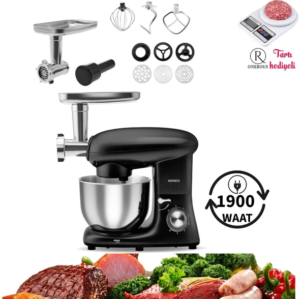 Karaca Kıyma Çekme ve Hamur Yoğurma, Karıştırma 5,5 Lt Sucuk-Sosis/içli Köfte Aparatlı Mutfak Şefi 1900W + Hediyeli ürün görseli 1