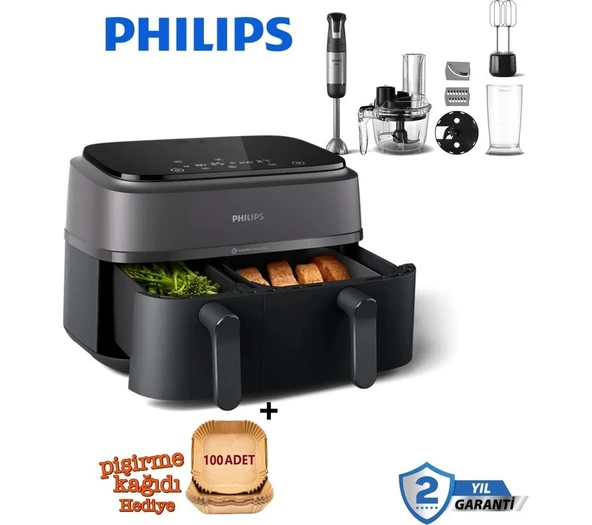 Philips 8 Ön Ayar ile Kullanım Kolaylığı Tavuk, Et, Sebze, Kek, Dondurulmuş Gıda ve Yeniden Isıtma Gibi Mod 6+3 Litre 3000 Serisi Çift Hazneli Airfryer & Frit ürün görseli 1