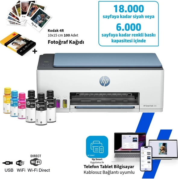 HP Renkli Tanklı Mürekkep Püskürtmeli Yazıcı Wi-Fi Kablosuz Baskı Tarama Fotokopi LCD Ekranlı Airprint ve Mopria Destekli Yüksek Kapasiteli Tank Yazıcı ürün görseli 1