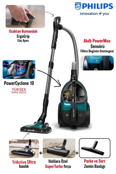 Philips Otomatik Açılıp Kapanma Özelliği Marathon Ultimate Yüksek Emiş Gücü,sessiz Çalışma Torbasız Süpürge ürün görseli 1