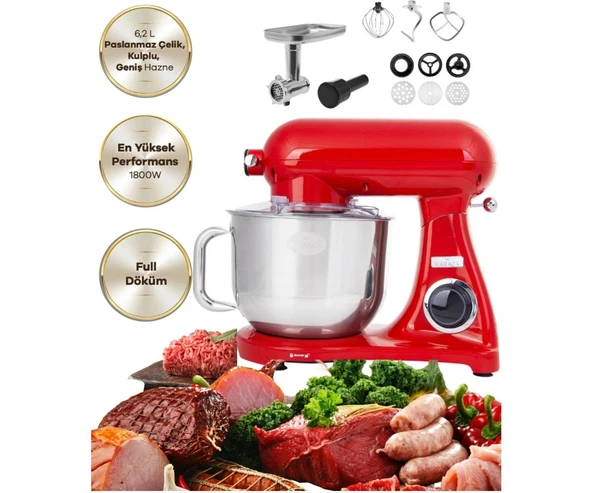 Karaca Kıyma Çekme Sucuk-Sosis Yap Hamur Yoğurma 1800W Güç 6,2 Lt Döküm Gövde Premium Standlı Mikser & Mutfak Şefi ürün görseli 1