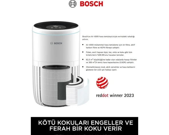 Bosch 62.5m² Geniş Salon ve Ofisler Için Geliştirilmiş %99.9 Virüs ve Bakteri Temizleme Özelliğine Sahip 3 Katmanlı Filtreli Akıllı Hava Temizleme Cihazı ürün görseli 1