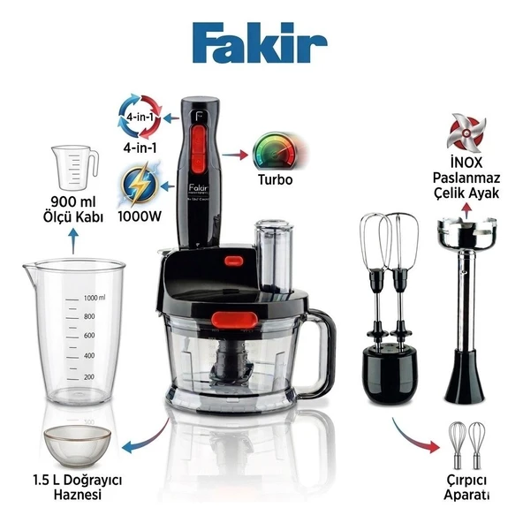 Fakir 1000W Mr Chef Quadro Blender Seti Doğrayıcı Rendeleme Dilimleme Çırpıcı 900ML Ölçü Kabı Komple Set Siyah ürün görseli 1