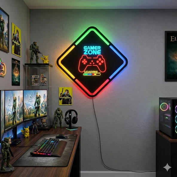 Onerous LED Işıklı Gamer Oyuncu Rgb Tablo Aydınlatmalı Dekoratif Mdf Ahşap Duvar Tablosu Anahtarlı Adaptörlü Gaming Setup Oda Dekorasyon Hediye ürün görseli 1
