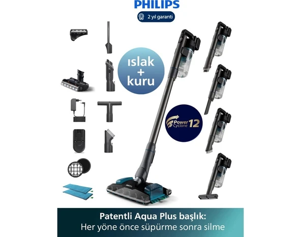 Philips Islak ve Kuru Temizlik, Güçlü Emiş, Çift Batarya 160 Dk Kesintisiz Kullanım Ile Pratik Temizlik Çözüm+Tüy & Yün Temizleyici ürün görseli 1