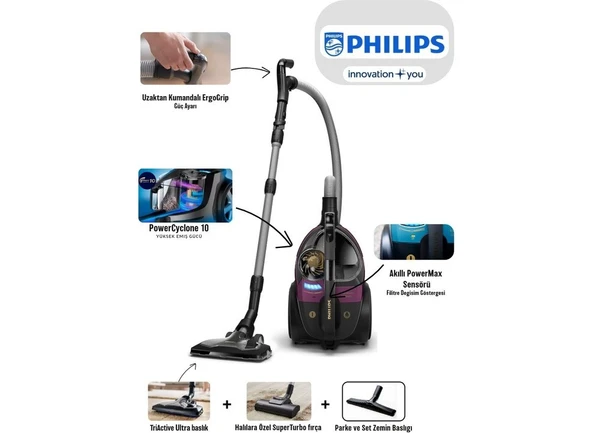 Philips Süper Turbo Fırçalı Ultra Emiş Gücü XB9155 Torbasız Süpürge, Powermax Akıllı Sensör-Yedek Filitre + Lambader ürün görseli 1