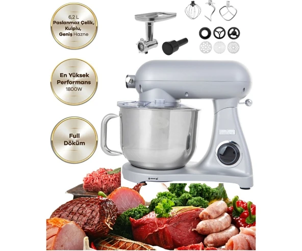 Karaca Kıyma Çekme Sucuk-Sosis Yap Hamur Yoğurma 1800W Güç 6,2 Lt Döküm Gövde Premium Standlı Mikser & Mutfak Şefi ürün görseli 1